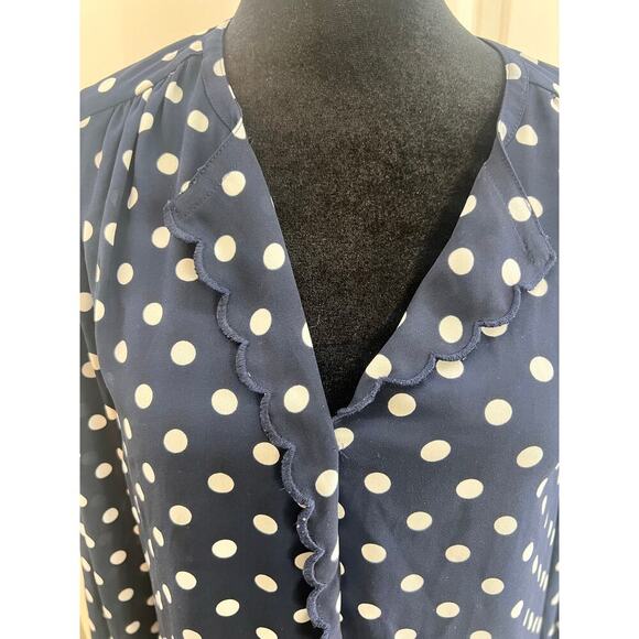 JCrew Scalloped Polka Dot Blouse Small Long Sleeve Blue and White‎ - Picture 3 of 7